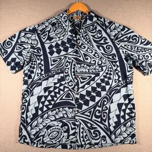 Hawaii‎ Station Mens Tribal Polynesian Print Hawaiian Shirt Navy Blue XL